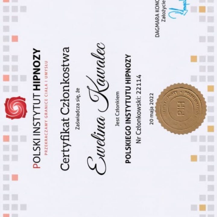 Certyfikat Członkowstwa w Polskim Instytucie Hipnozy